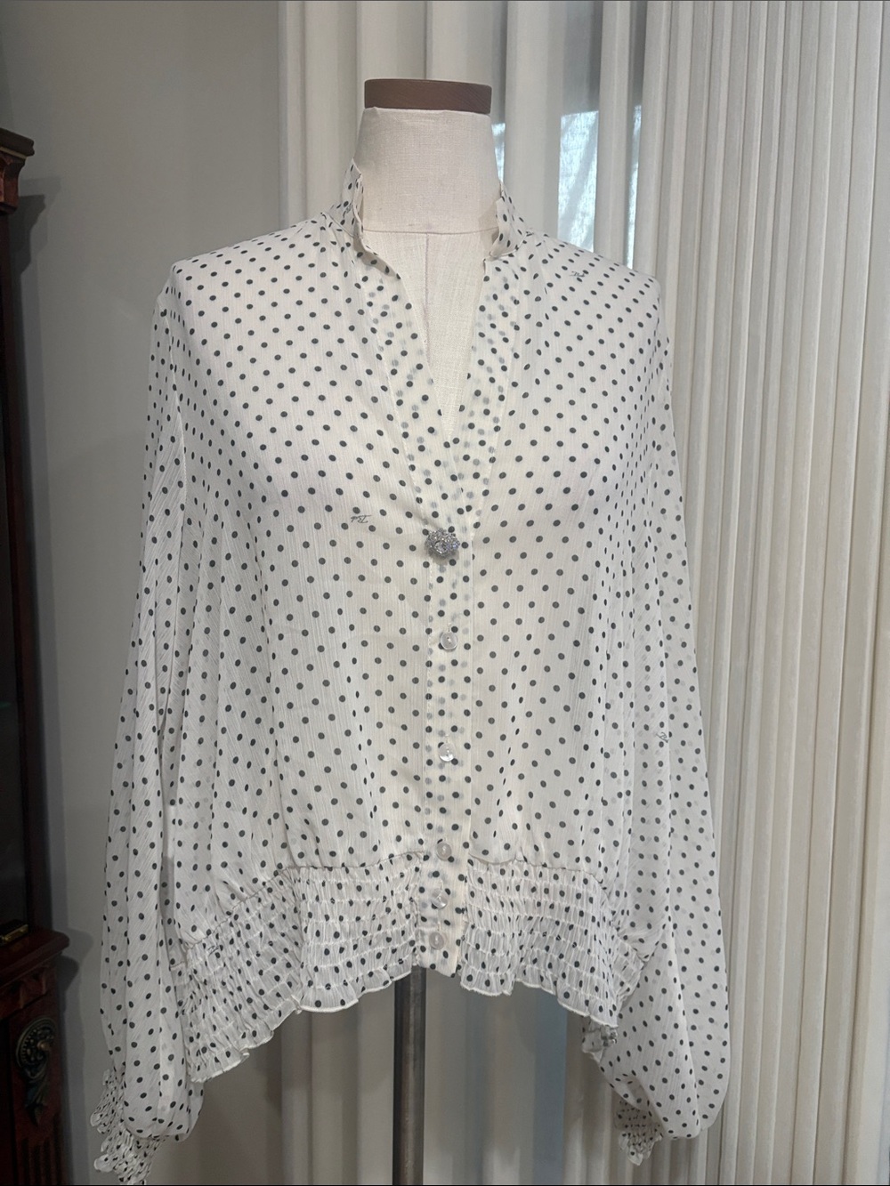 NWT White Polka Dot smocked Button-Front semi sheer Blouse whimsical high low L
